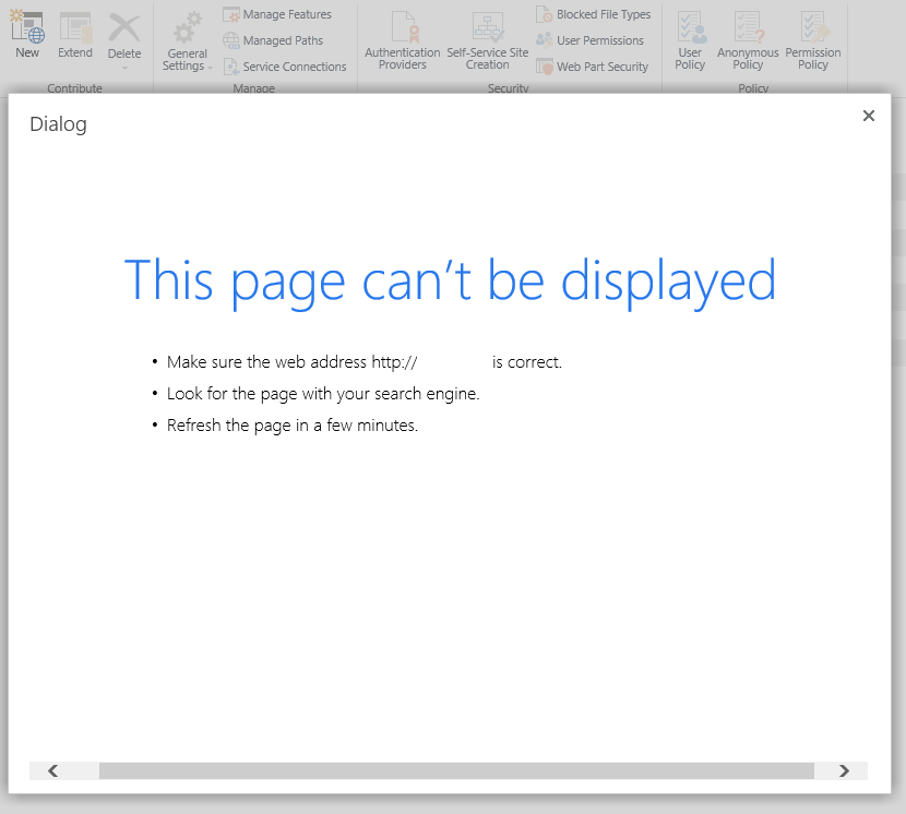 this page can't be displayed in SharePoint central administration