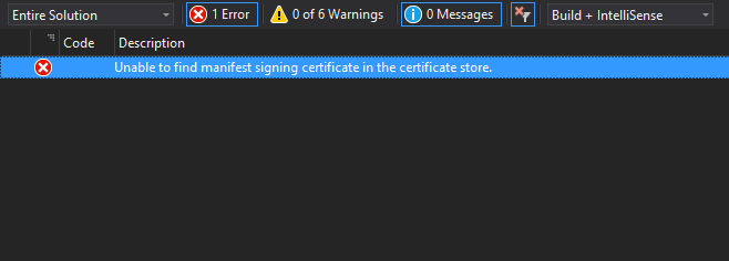 Unable to find manifest signing certificate in the certificate store