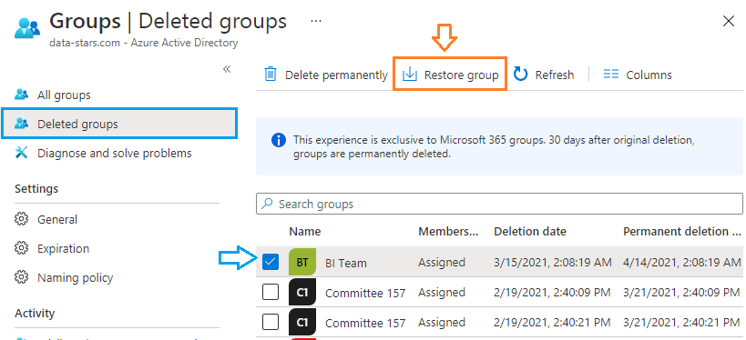 restore deleted group in Azure Active Directory