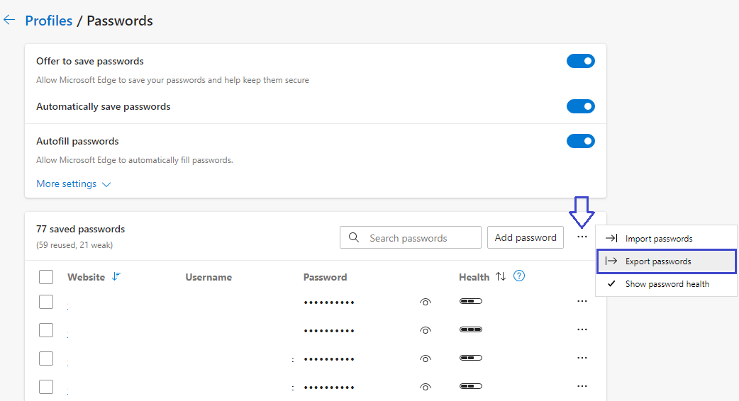 Export  Passwords from Microsoft Edge