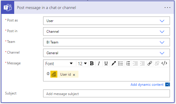 @mention user in microsoft teams from power automate