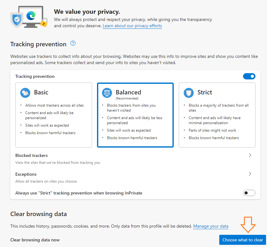 clear browsing data in Edge for PowerApps