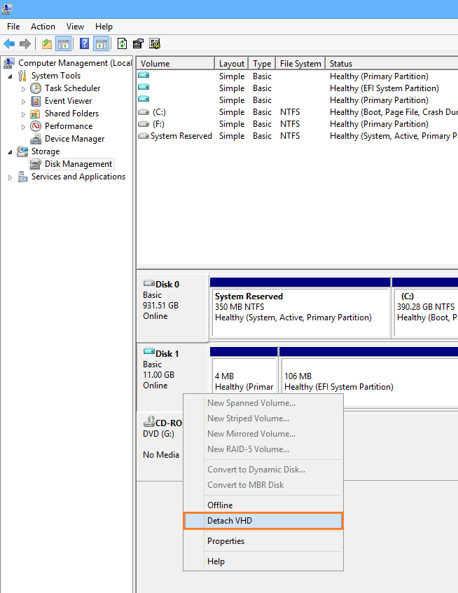 detach vhd from Disk Management in Windows Server