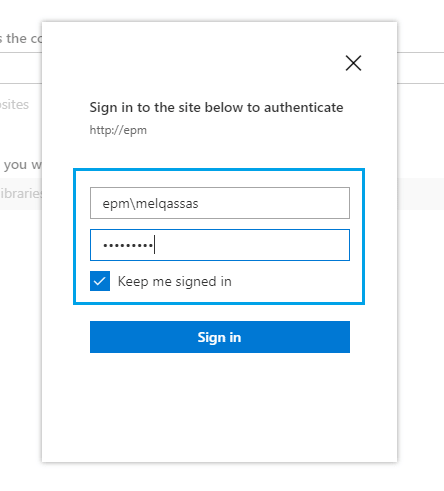 Sign in to the SharePoint Site URL to migrate date using SPMT