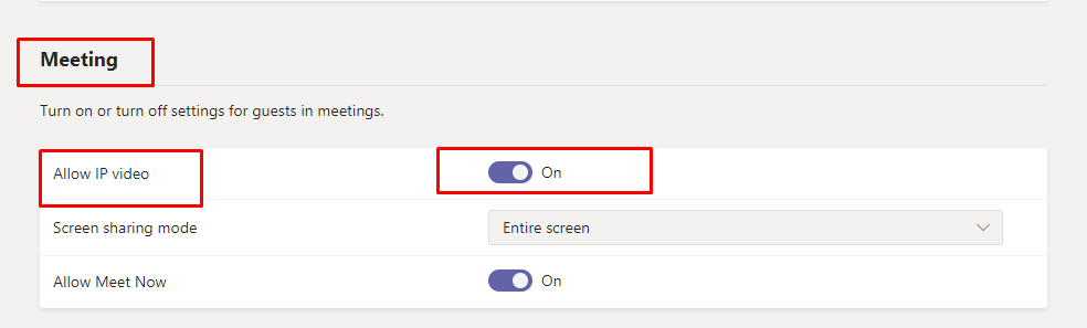 Allow IP video in Meeting in Microsoft Team