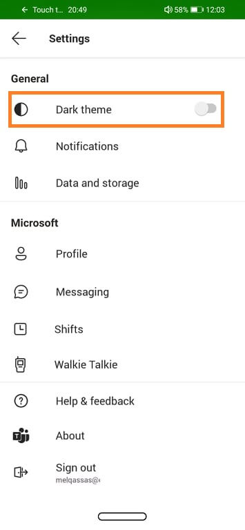 how to enable dark mode in Microsoft Team mobile app