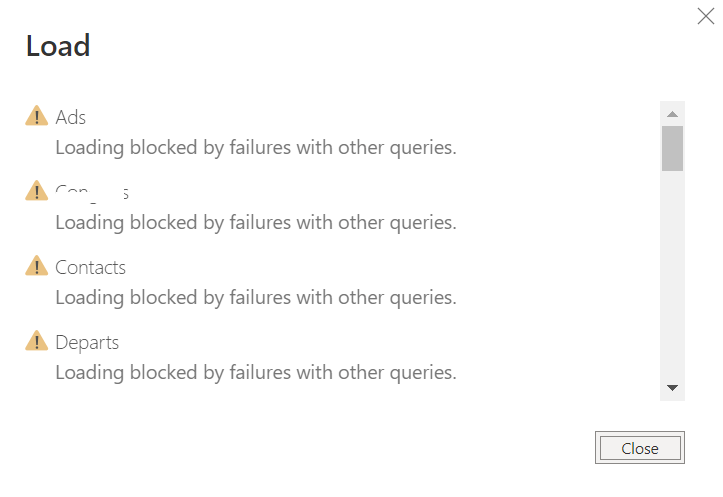 Loading blocked by failures with other queries Power BI