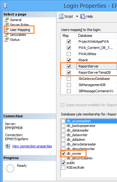 report server database permission required