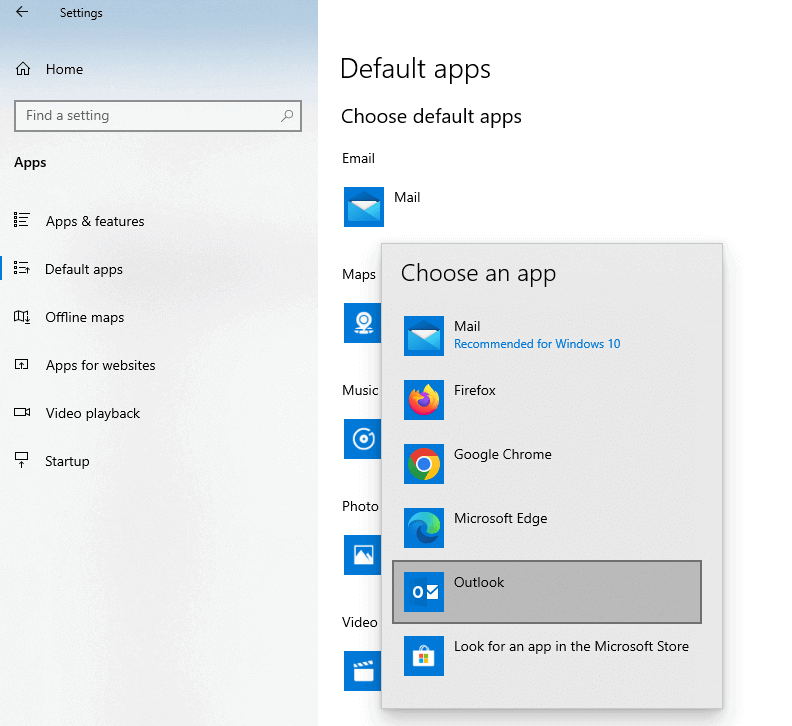 set Outlook as the default app for email