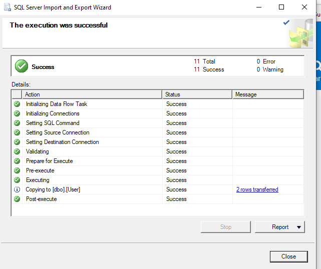 export data the execution was successful