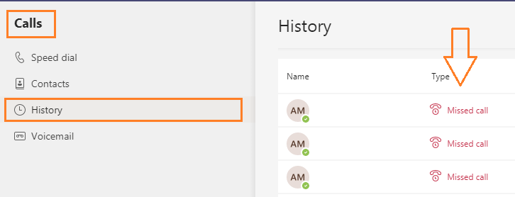 missed call in call history in Microsoft teams