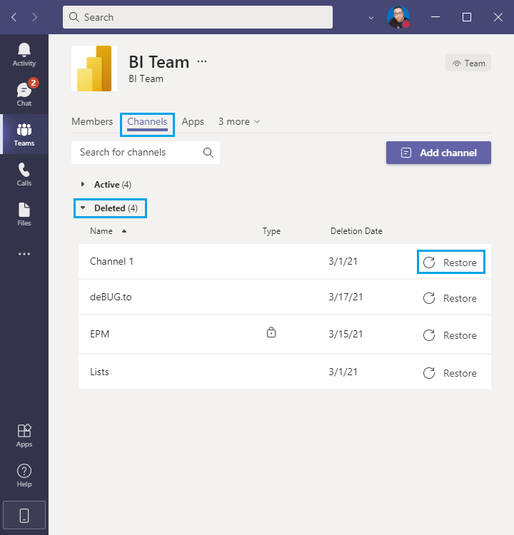 restore a deleted channel in Microsoft Teams Desktop