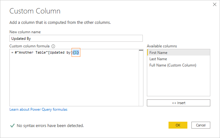 Get value from another column in another table in a custom column in Power Query Editor