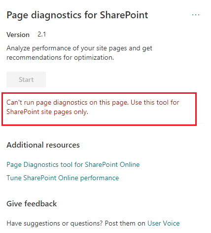 Can't run page diagnostics on this page. Use this tool for SharePoint site pages only