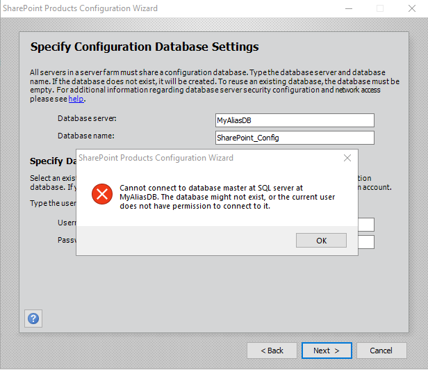 Cannot connect to database master at SQL server