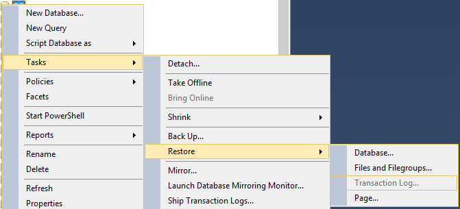 Restore Transaction Log is disabled in SQL server 2017