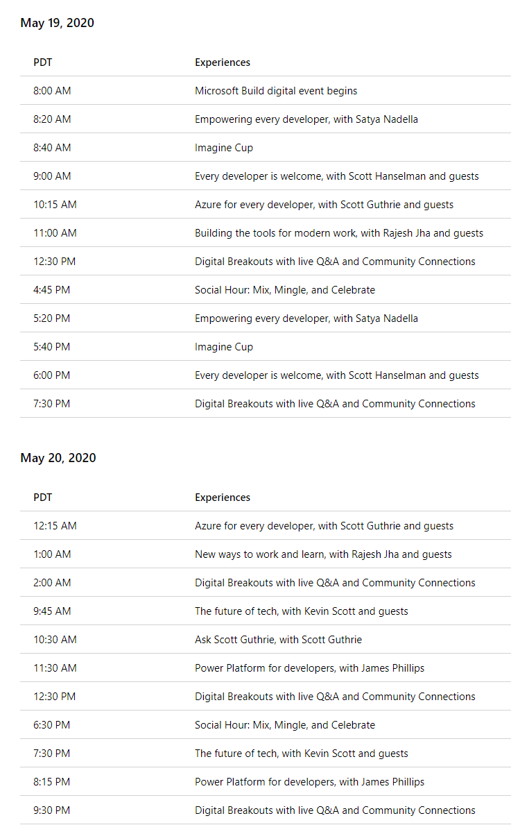 Microsoft Build 2020 Event Agenda