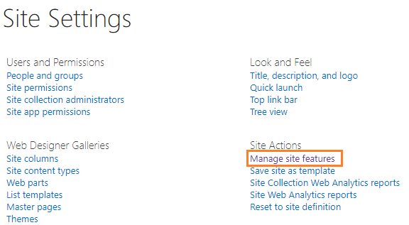 manage site features in SharePoint 2019