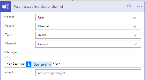 mention user in Teams from power automate