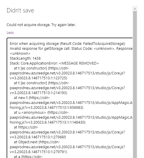 PowerApps could not acquire storage. try again later