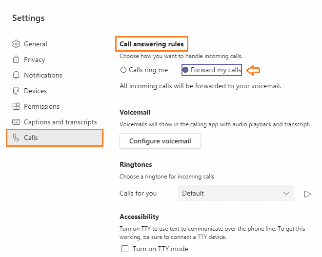 forward my call settings in Microsoft Teams Desktop App