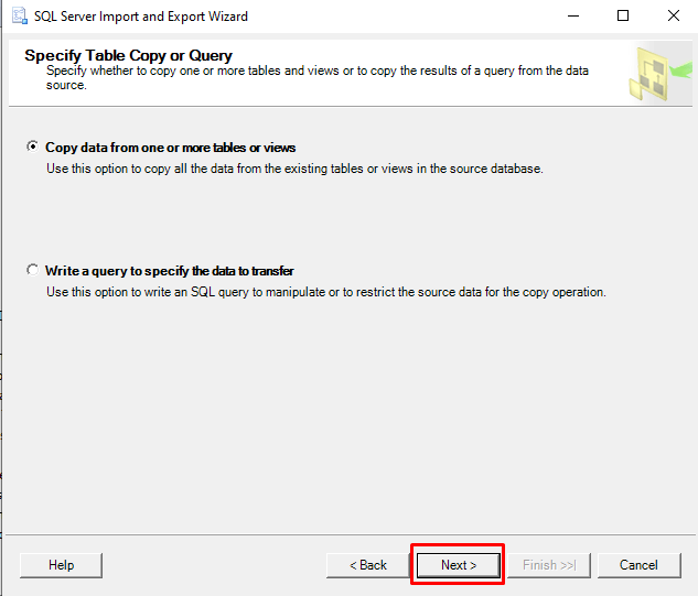 specify the table copy or query in Import Wizard