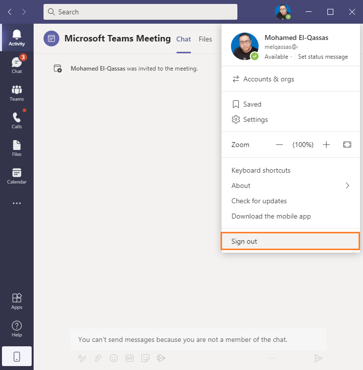 sign out Microsoft Teams