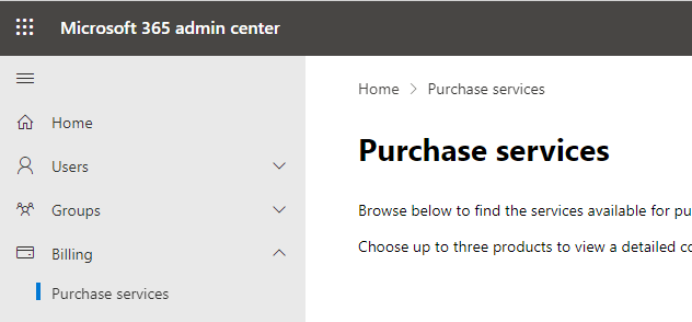 Microsoft Admin Center purchase services