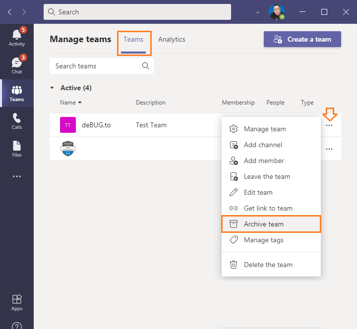 archive a team in Microsoft Teams App