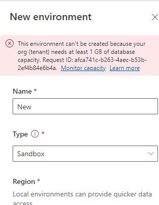 PowerApps creating an environment requires At least 1GB database capacity