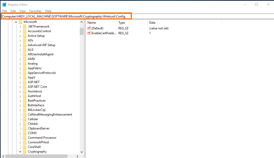 HKEY_LOCAL_MACHINE\Software\Microsoft\Cryptography\Wintrust\Config