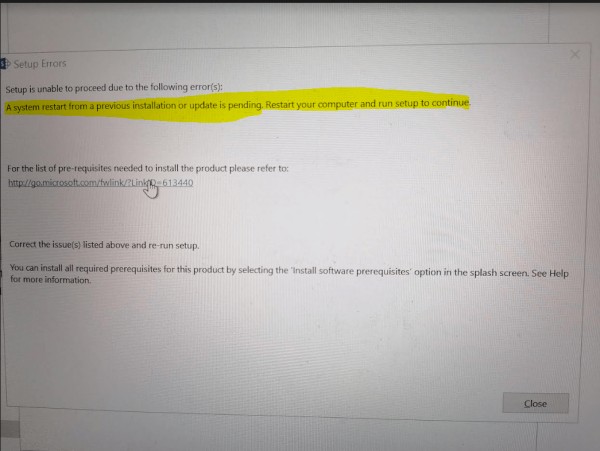 system restart from previous installation or update is pending restart your computer and run setup to continue