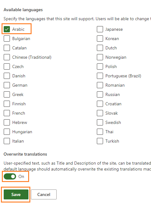 add arabic to project online