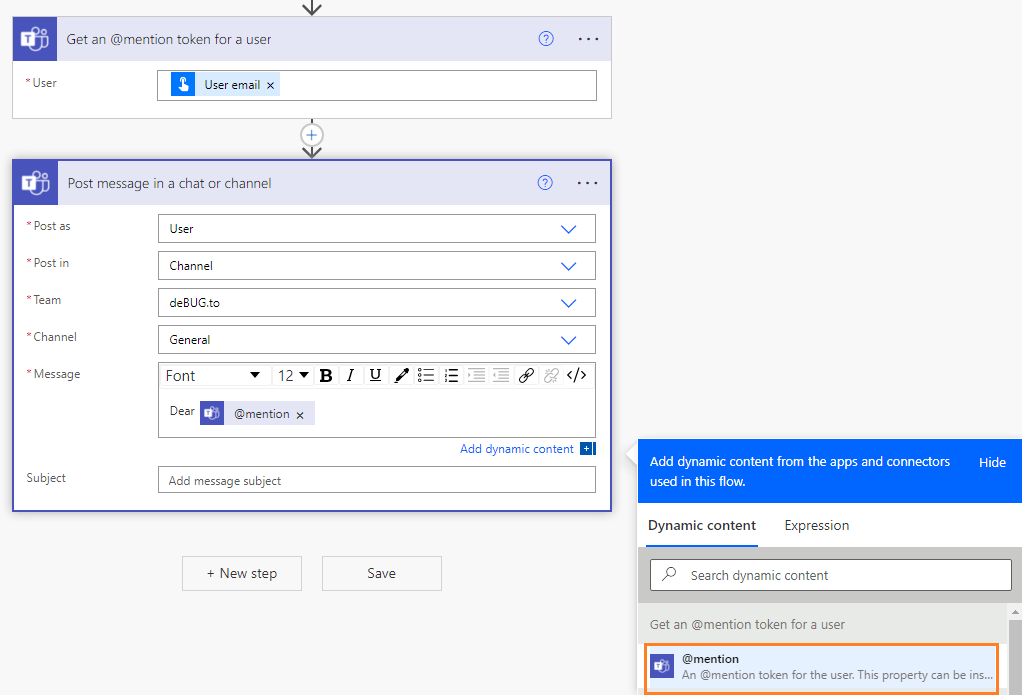 mention person in Microsoft Teams from Power Automate