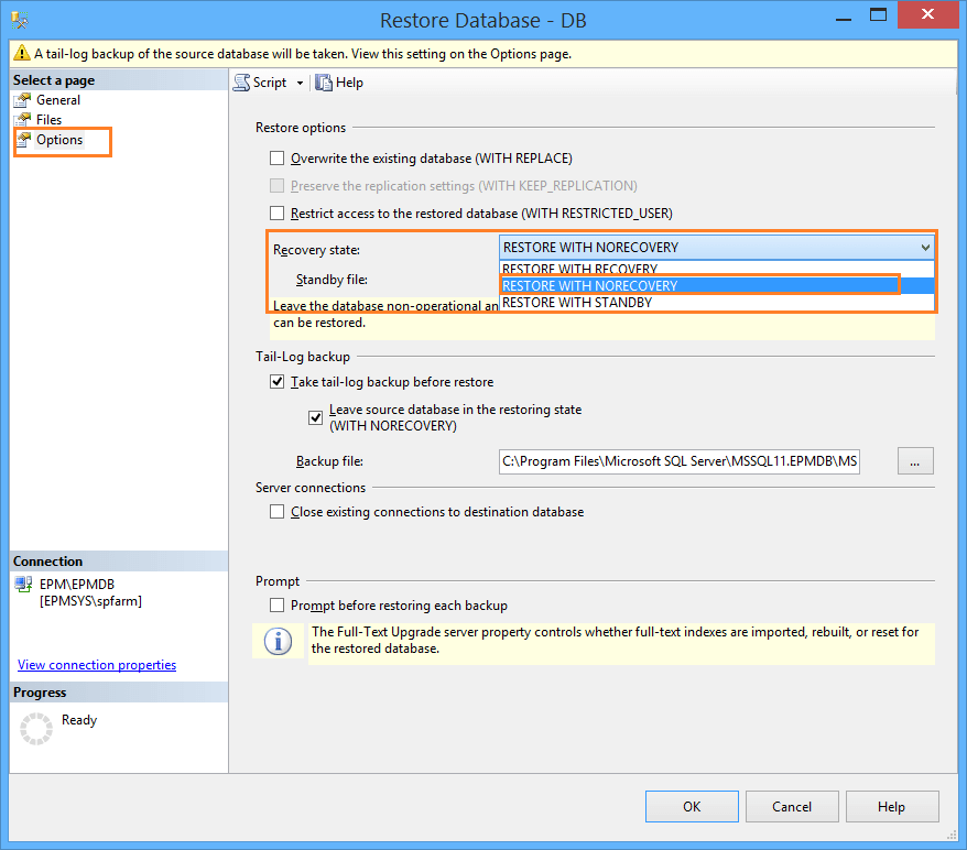 Restore Database with no recovery