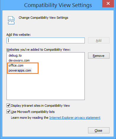 Add Power Apps in compatibility view settings