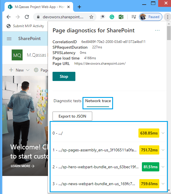 Page diagnostics for SharePoint Network trace-min