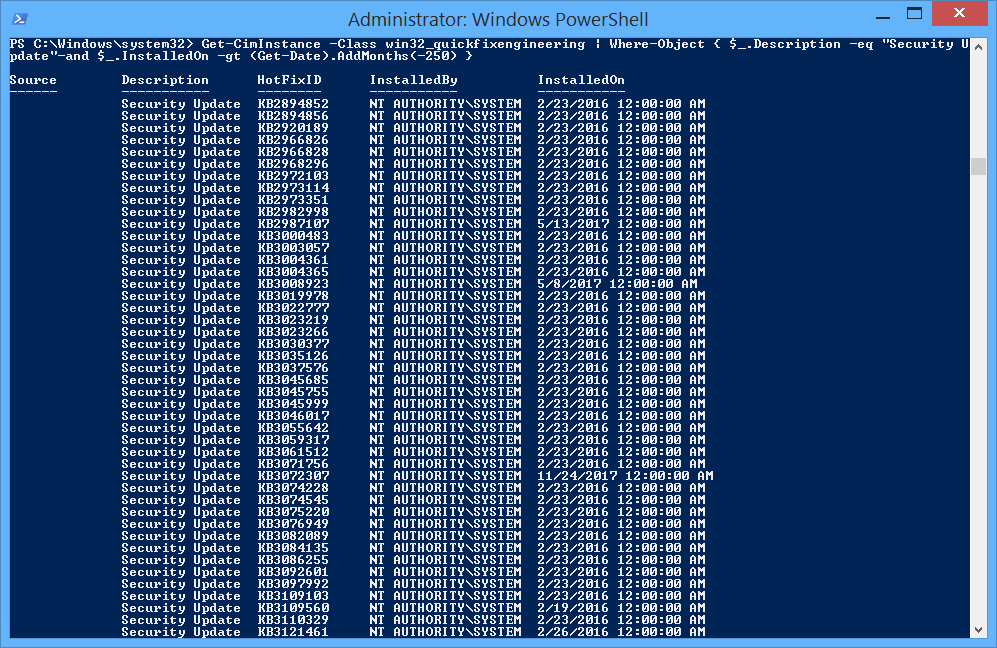 Get Installed Security Updates in WIndows last month using PowerShell