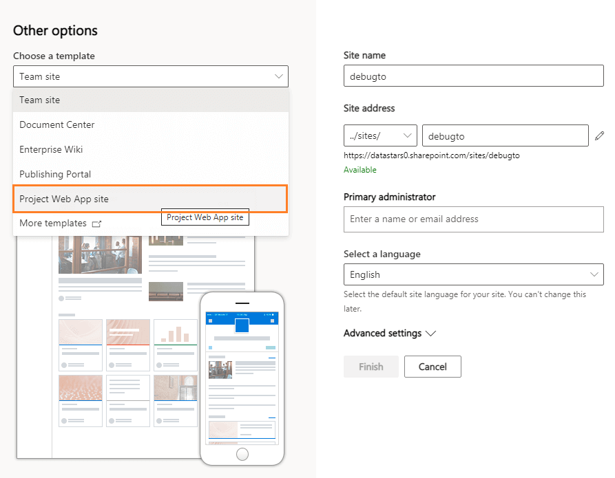 how to create a new project web app site in Project Online