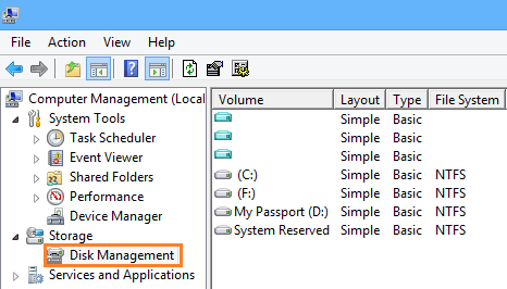 Open Disk management in windows server