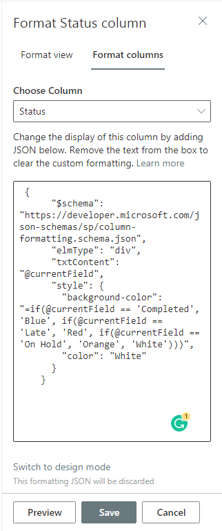 if else json sharePoint column format