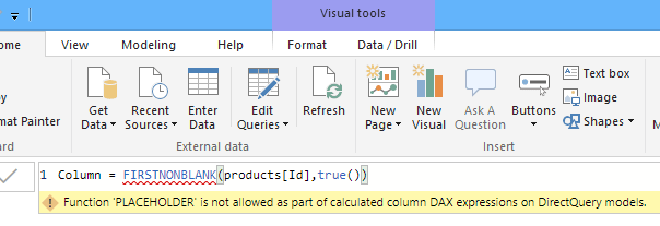 FIRSTNONBLANK Function placeholder is not allowed as part of calculated column dax expression on directquery models