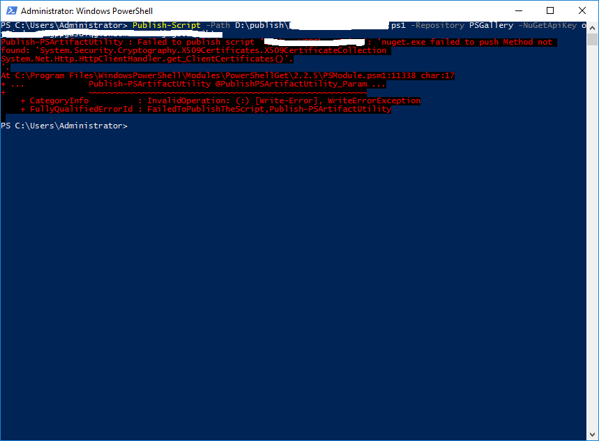 Failed to publish script nuget.exe failed to push Method not found