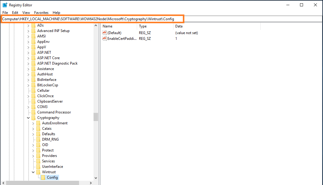 HKEY_LOCAL_MACHINE\Software\Wow6432Node\Microsoft\Cryptography\Wintrust\Config