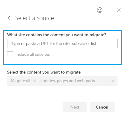 Specify the SharePoint Site URL to migrate date using SPMT