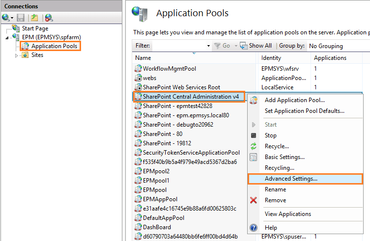 advanced settings for Application Pools