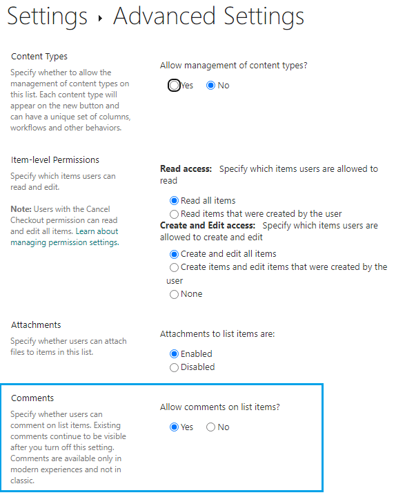 Turn off Comments on SharePoint Online List Items