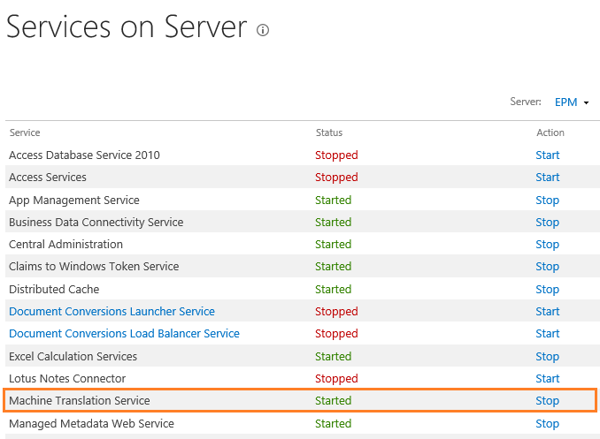 Manage Machine Translation Service Application on server 2016