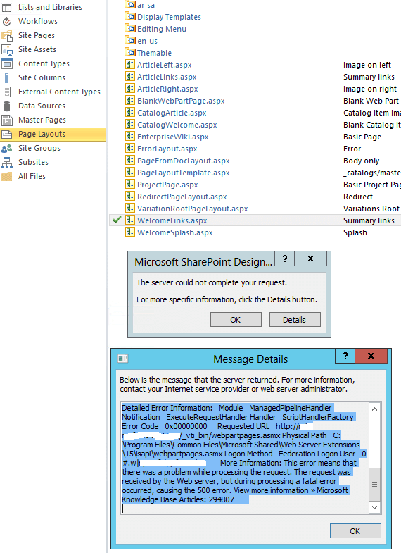 SharePoint Designer  The page cannot be displayed because an internal server error has occurred
