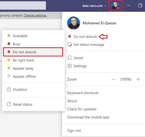 do not disturb status in Microsoft Teams